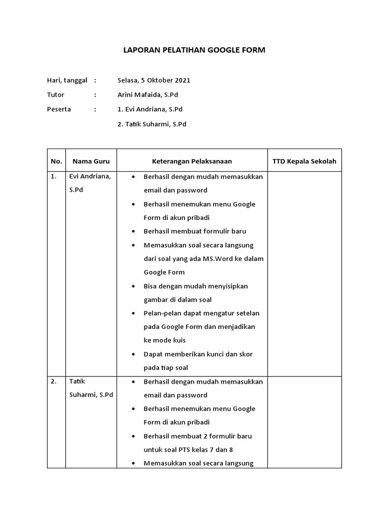 Laporan pelatihan google form pdf
