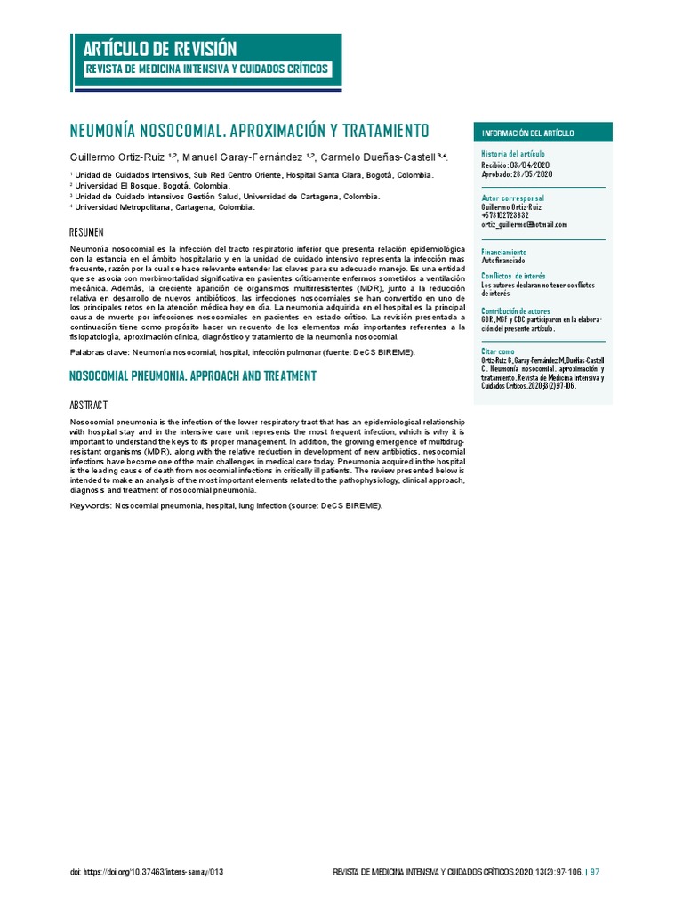 Neumonia Nosocomial Aproximacion Y Tratamiento Pdf Neumonía