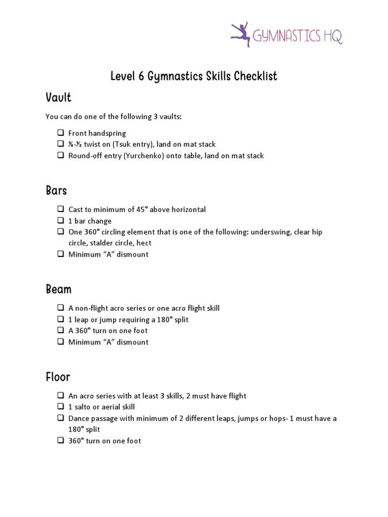 GymnasticsHQ Level 6 Checklist Updated PDF