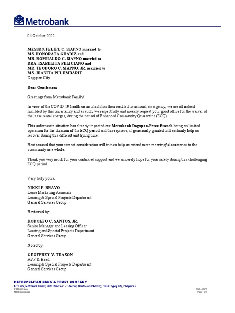 Letter Request For Rent Waiver of MBTC Dagupan-Perez Branch During ECQ ...