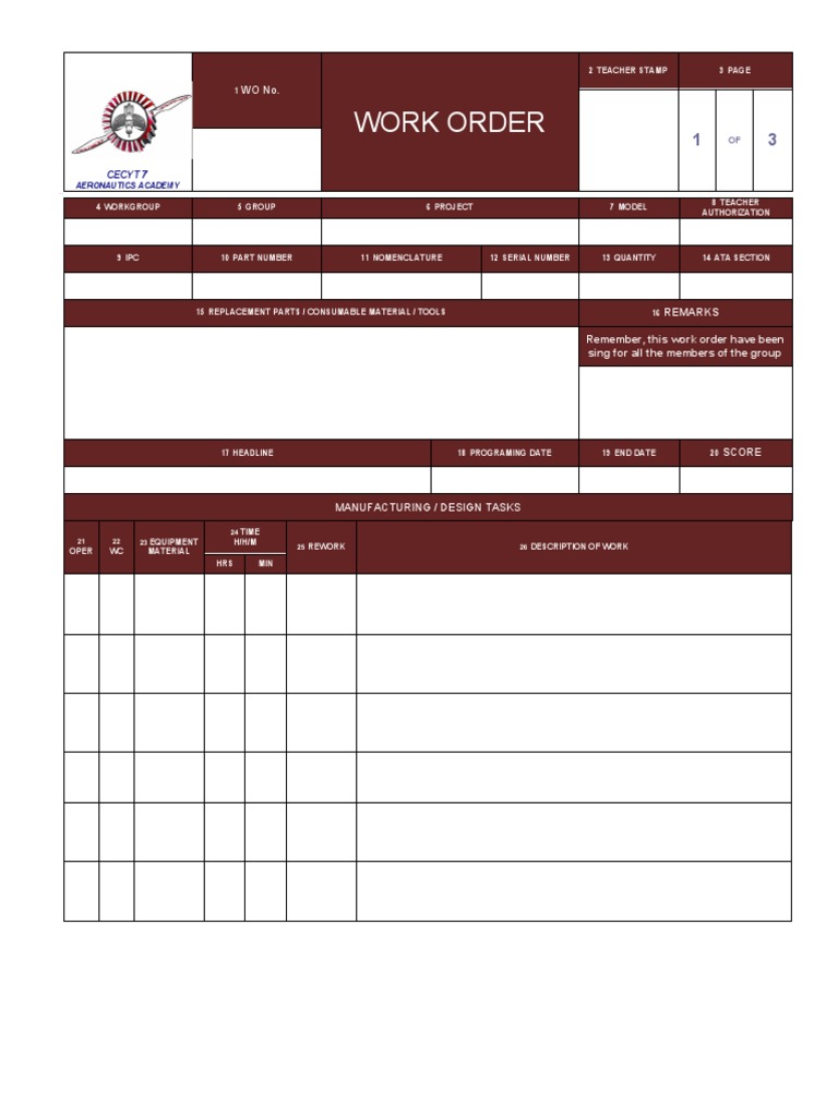 CECYT 7 Aeronautics Work Order Template | PDF