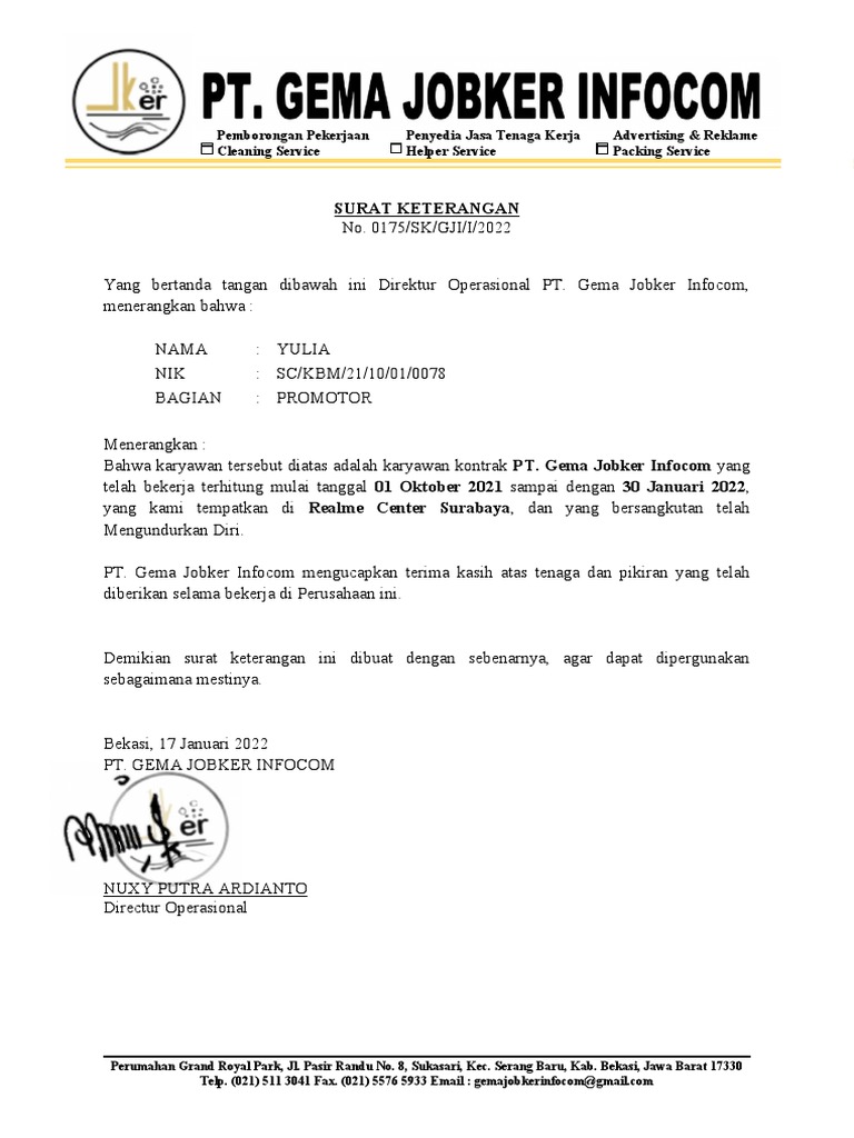 Surat Keterangan Karyawan PT Gema Jobker | PDF