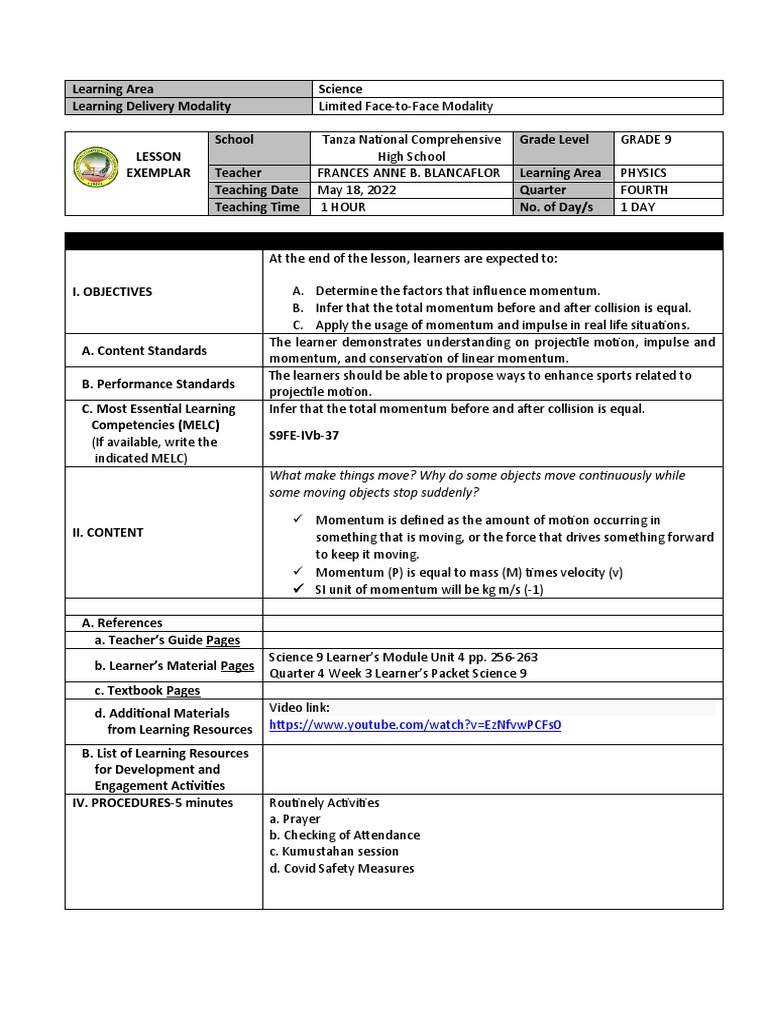 Lesson ExemplarMomentum and Impulse PDF Momentum Learning
