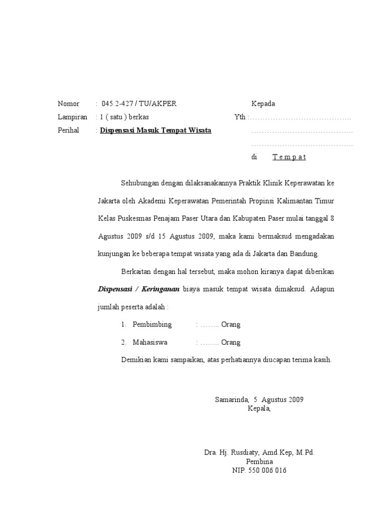 Contoh Surat Dispensasi Tiket Masuk Wisata Id Lif Co Id