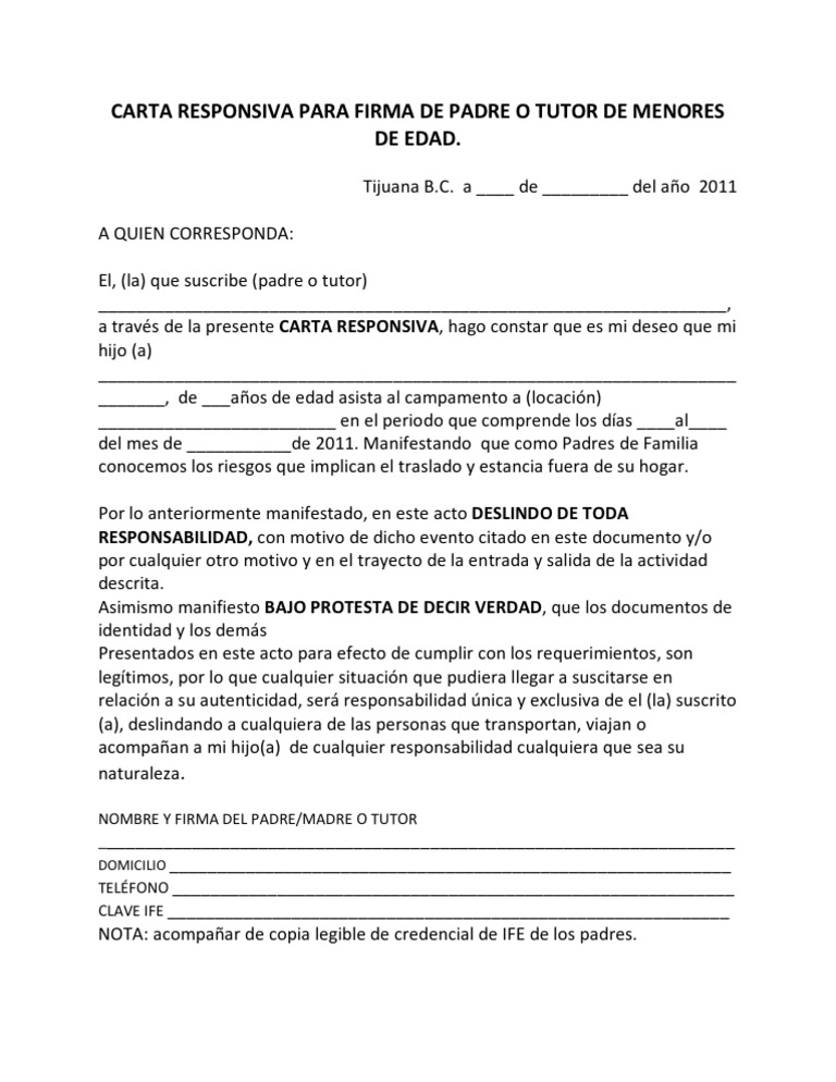 Carta Responsiva Para Firma de Padre o Tutor de Menores de Edad