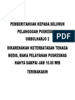 Pemberitahuan Kepada Seluruh Pelangggan Puskesmas Umbulharjo 2