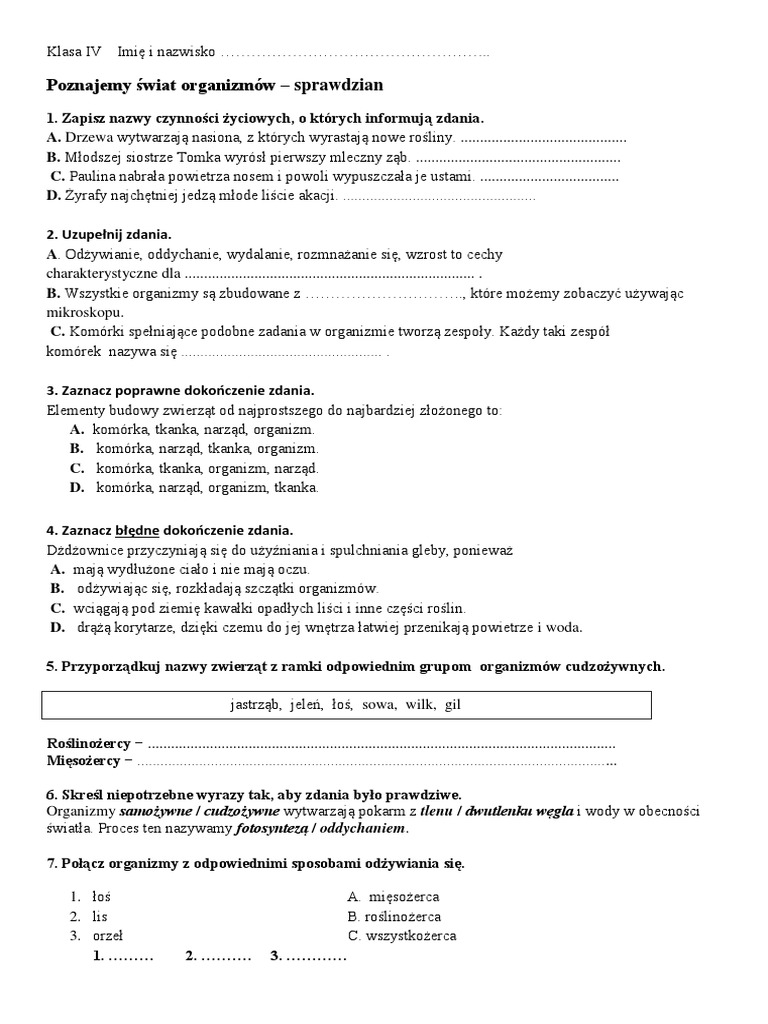 Test Przyroda Klasa 4 Dział 3 Poznajemy świat Organizmów KL 4-Poznajemy-Św - Org | PDF