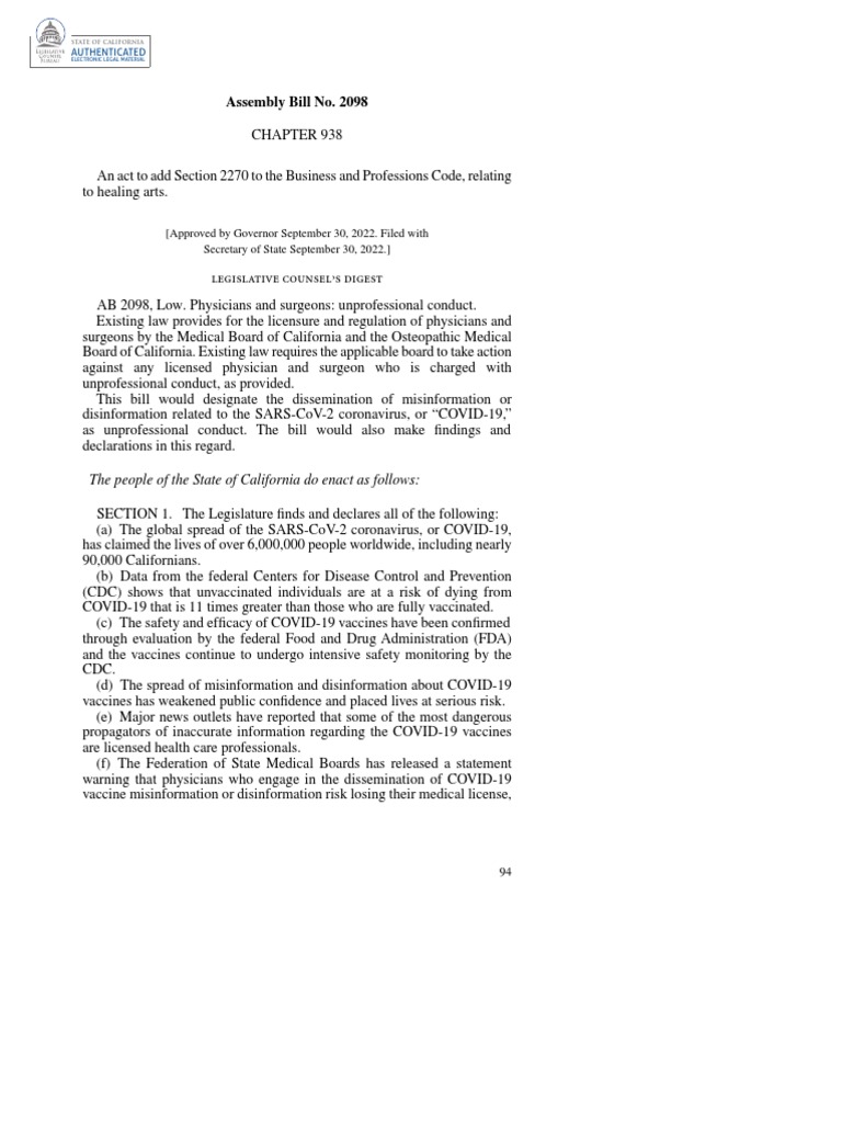 Assembly Bill No. 2098 PDF Physician Food And Drug Administration