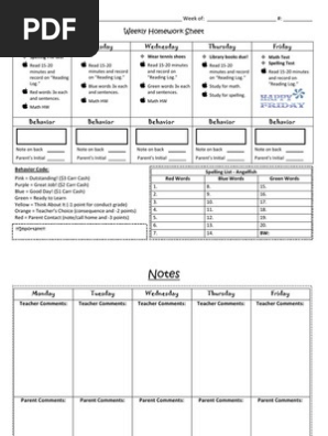 Weekly Homework Sheet