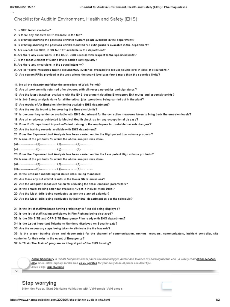 Checklist For Audit in Environment, Health and Safety (EHS ...