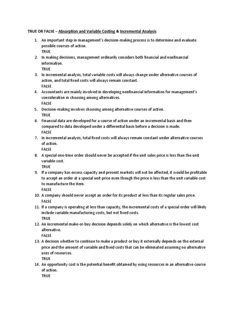True or false incremental analysis pdf opportunity cost cost