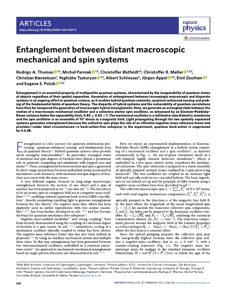 Entanglement Between Distant Macroscopic Machanical and Spin System | PDF