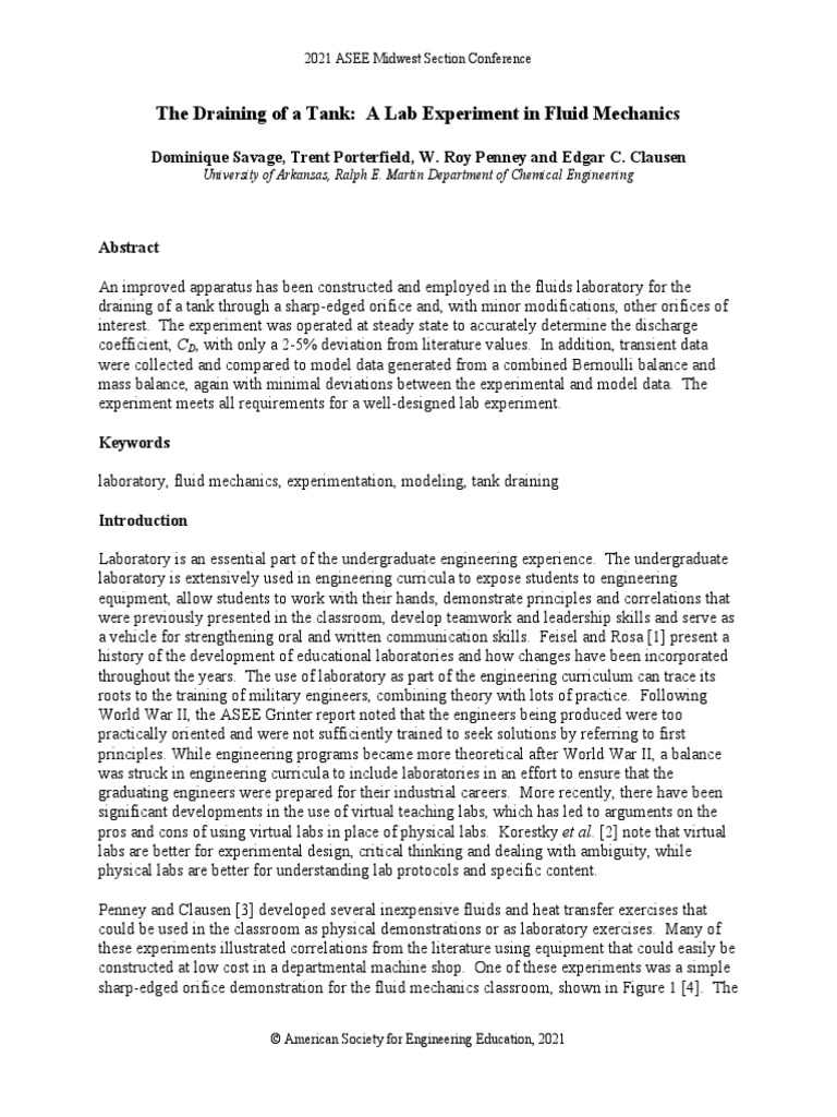 The Draining of A Tank A Lab Experiment in Fluid Mechanics PDF