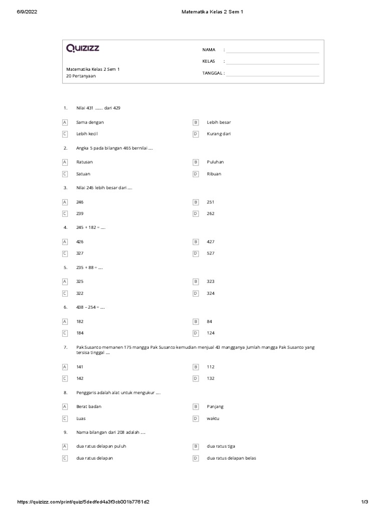 Matematika Kelas 2 Sem 1 Pdf