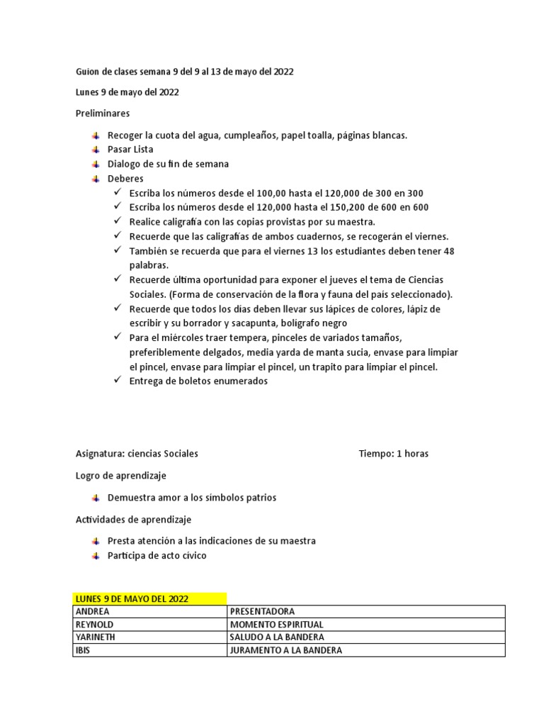 Guion de Clases Semana 9: 9-13 Mayo 2022 | PDF | Artes del Lenguaje y ...