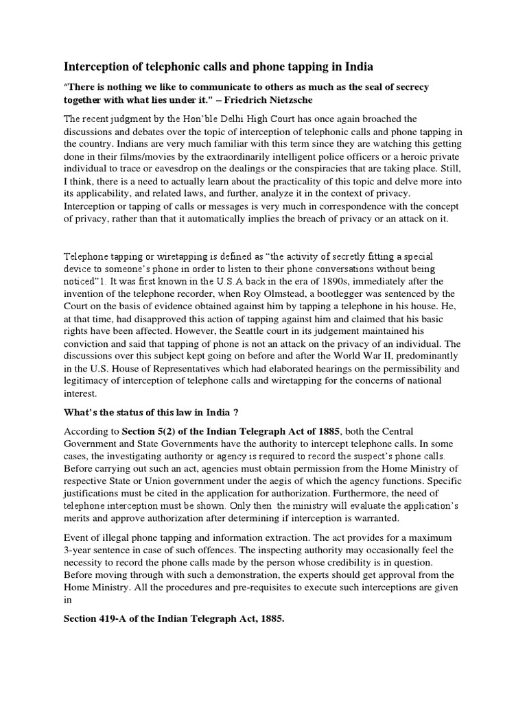 Interception of Telephonic Calls and Phone Tapping in India | PDF ...