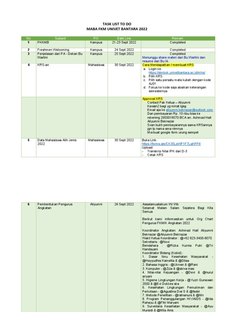Tugas dan Informasi Maba FKM Univet | PDF