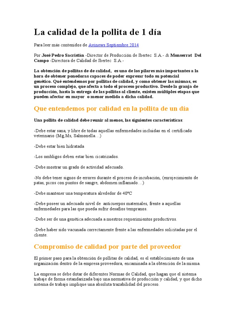 La Calidad de La Pollita de 1 Día | PDF | Inmunidad (médica ...