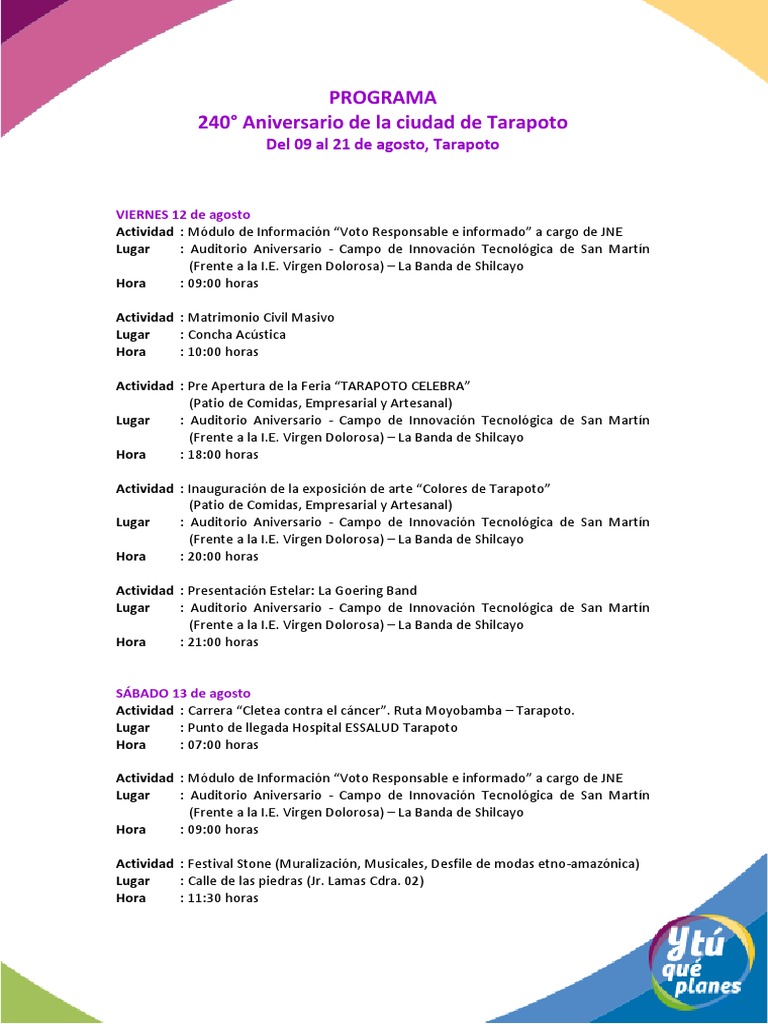 Programa Aniversario Tarapoto 2025 | PDF
