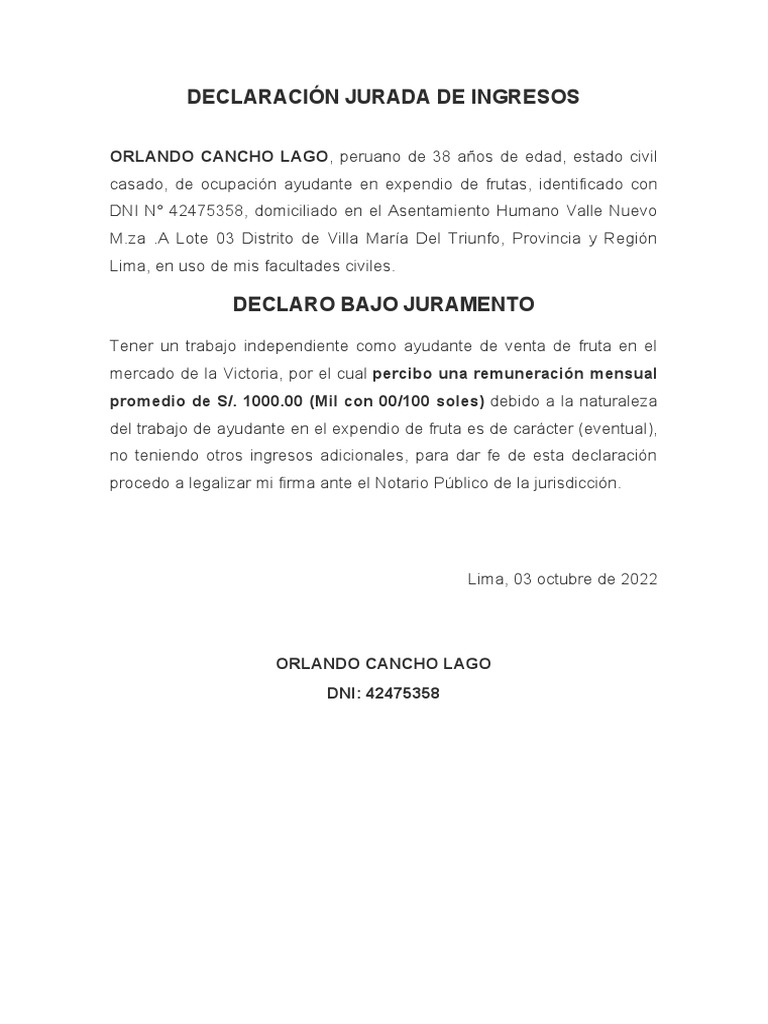 Declaración Jurada de Ingresos 2022 | PDF | Finanzas y dinero