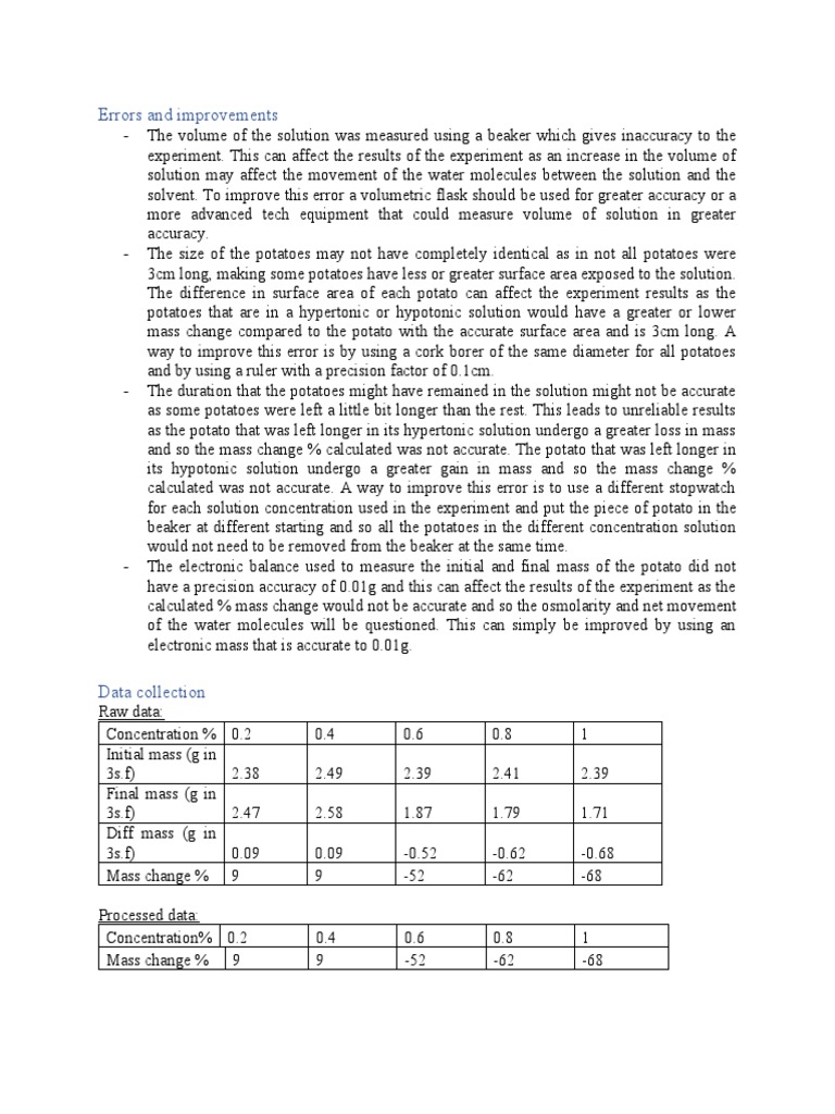 Potato Osmosis Lab Report PDF Concentration Applied And