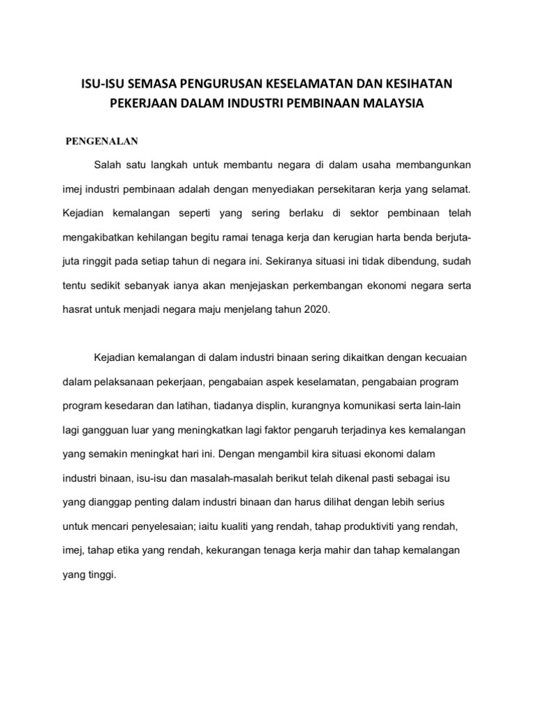 Isu Isu Semasa Pen Gurus An Keselamatan Dan Kesihatan Pekerjaan Dalam Industri Pembinaan Malaysia Pdf