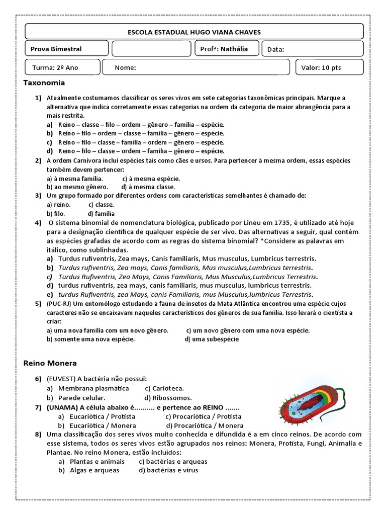 Prova Bimestral 2 Ano Taxonomia, Reino Monera, Reino Fungi, Protista,  Plantae | PDF | Plantas | Fungo