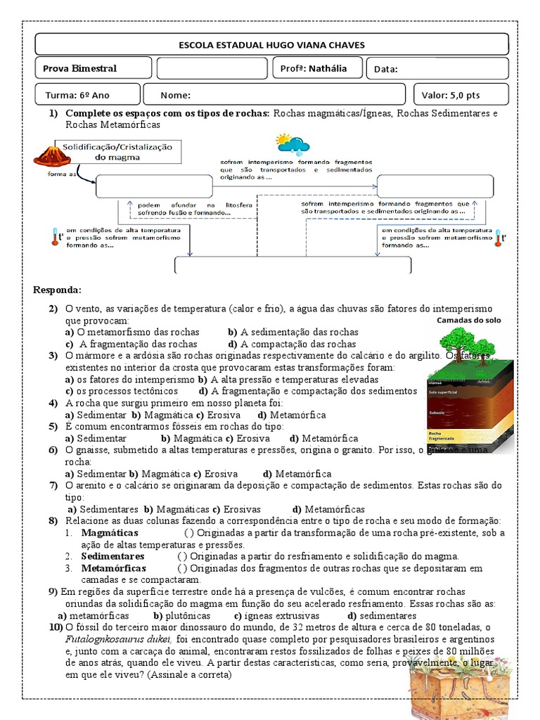 Prova Bimestral 6 Ano Tipos de Rochas e Solos | PDF | Rochas (Geologia ...