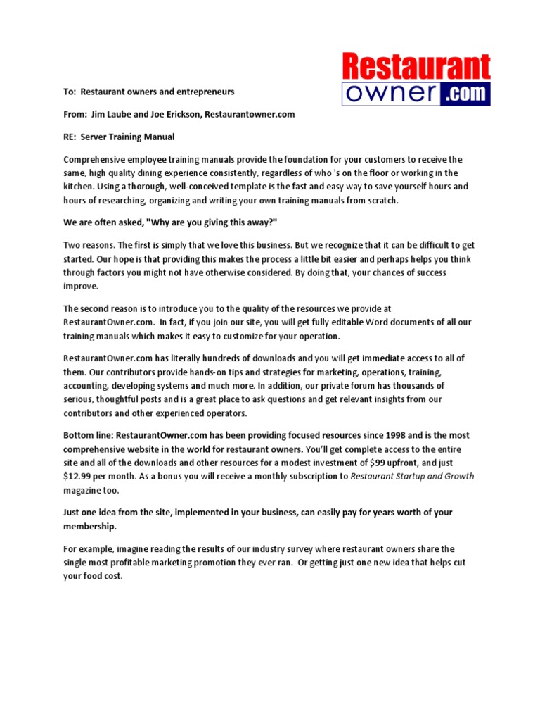 Server Training Manual Restaurant Owner Waiting Staff Restaurants