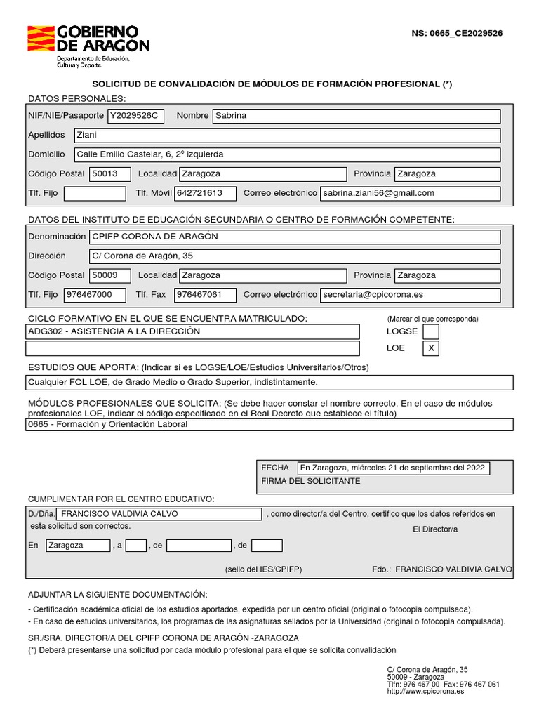 Solicitud de Convalidación FP Zaragoza | PDF | Desarrollo profesional ...