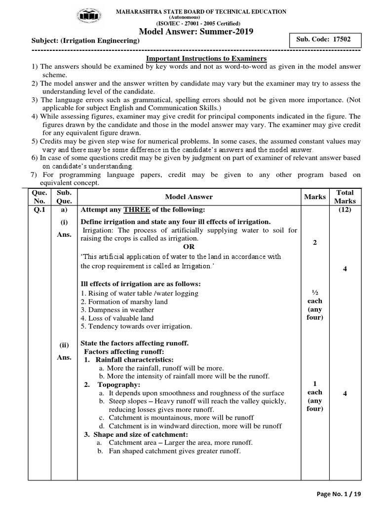 WRE 2019 Summer Model Answer Paper | PDF