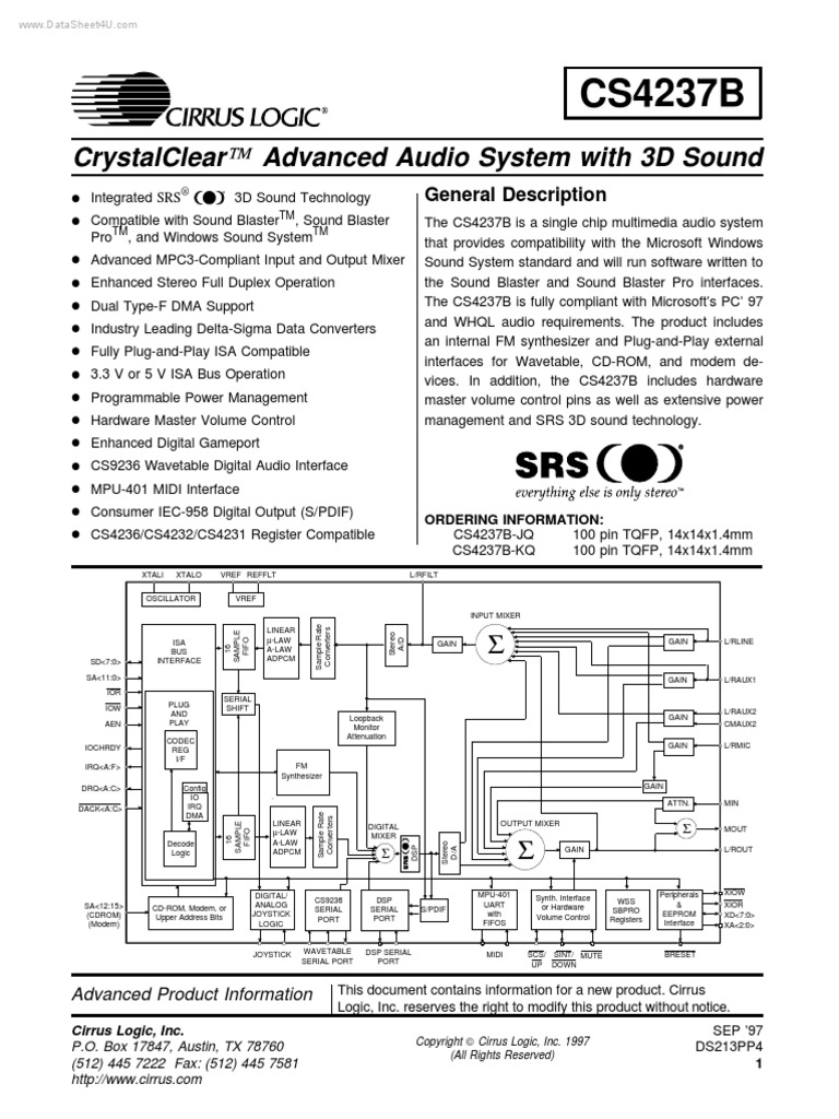 CS4237B Cirrus Logic Sound Chip PDF Analog To Digital Converter