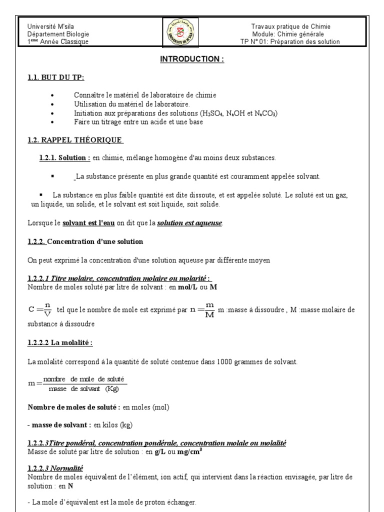 TP : Préparation de Solutions en Chimie | PDF | Concentration molaire ...