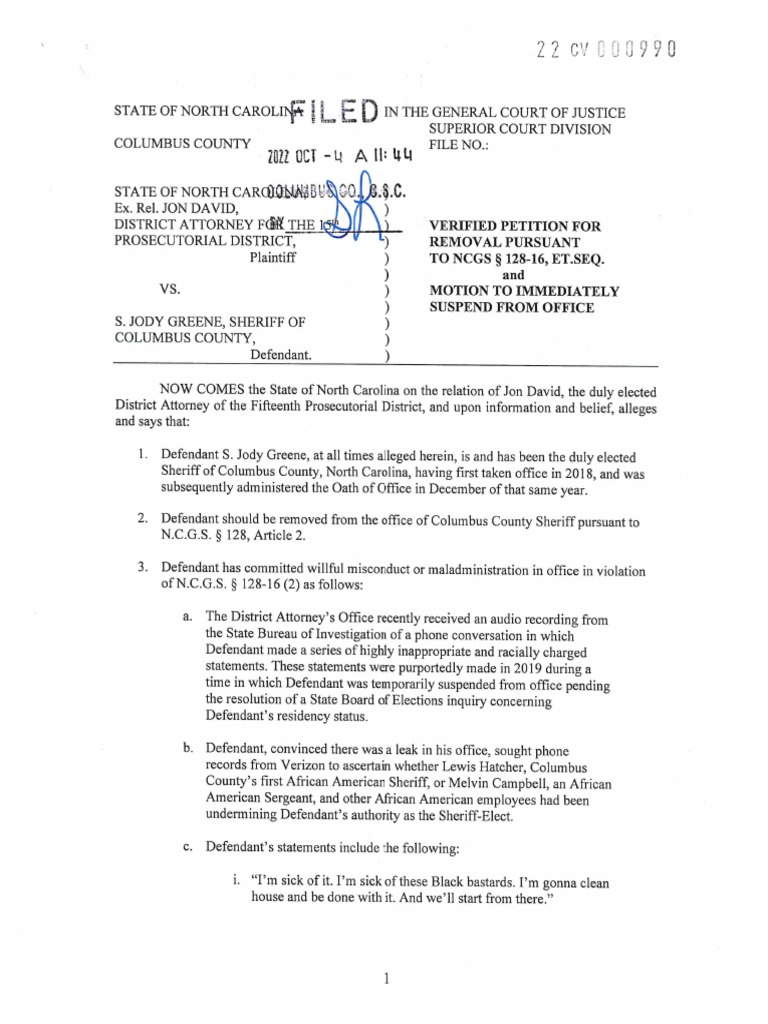 District Attorney Jon David Files Petition To Remove Jody Greene From