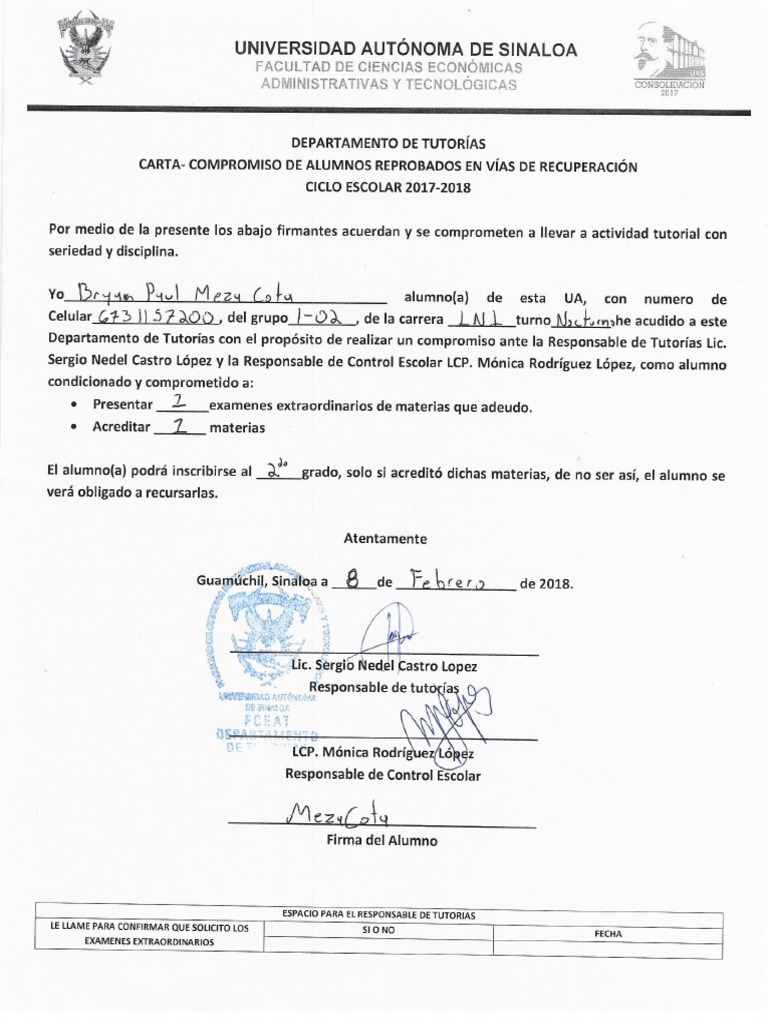 Carta Compromiso Alumnos Reprobados | PDF