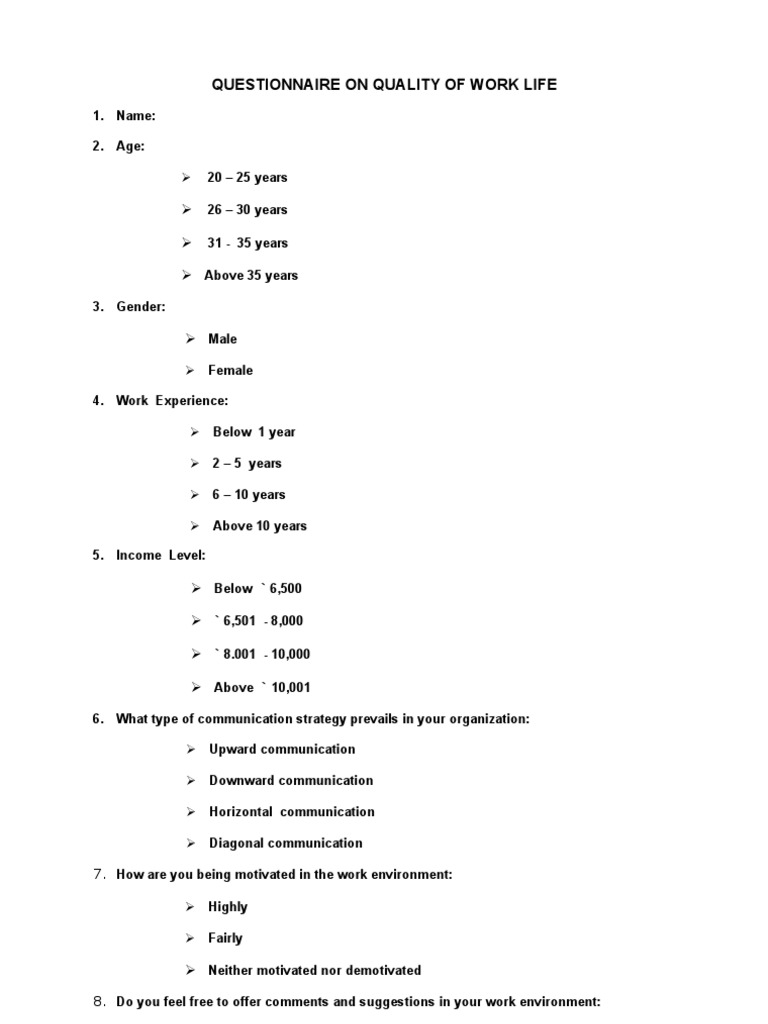 Quality of Work Life Questionnaire | PDF | Employment | Leadership