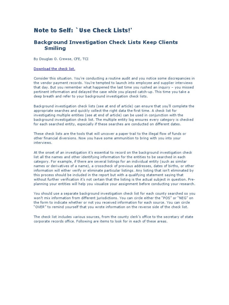 Background Investigation Checklist PDF Background Check Defendant