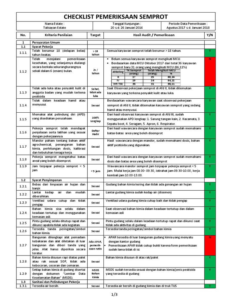 Checklist Pemeriksaan Semprot Sawit | PDF