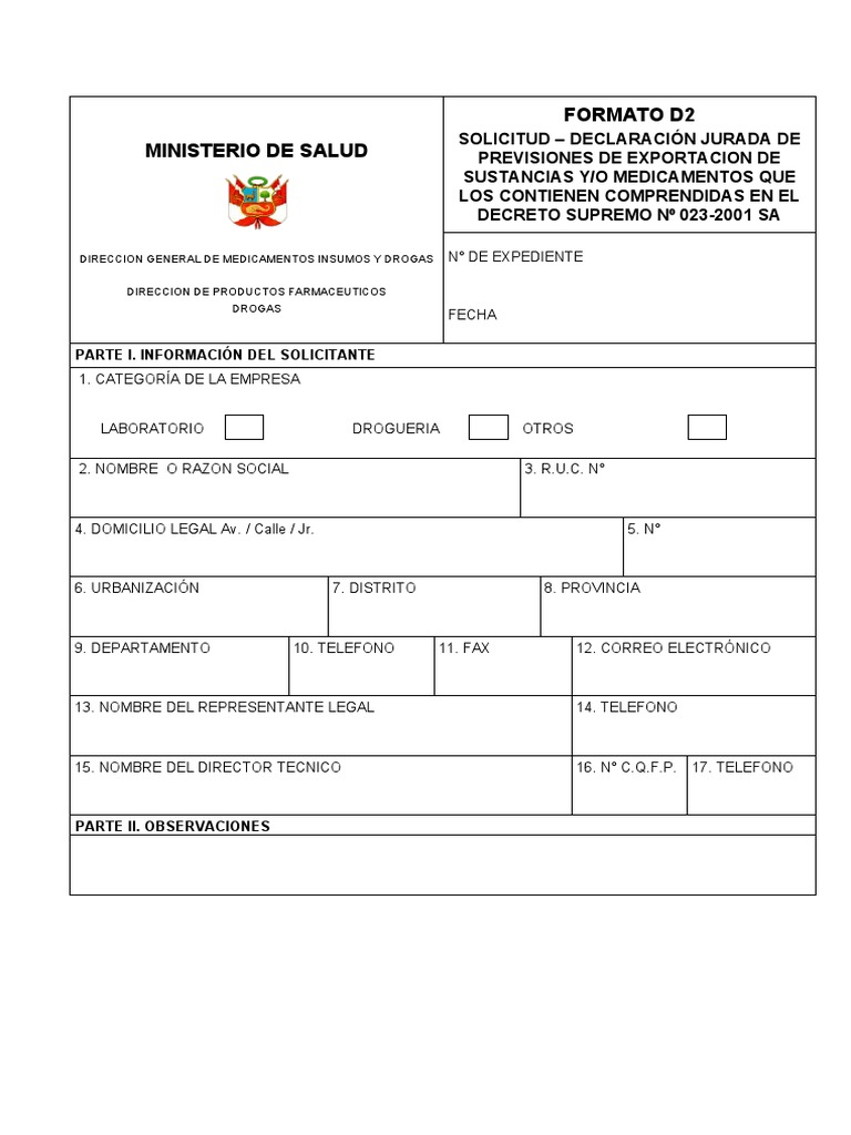 Solicitud Formulario D2 Exportación Medicamentos | PDF