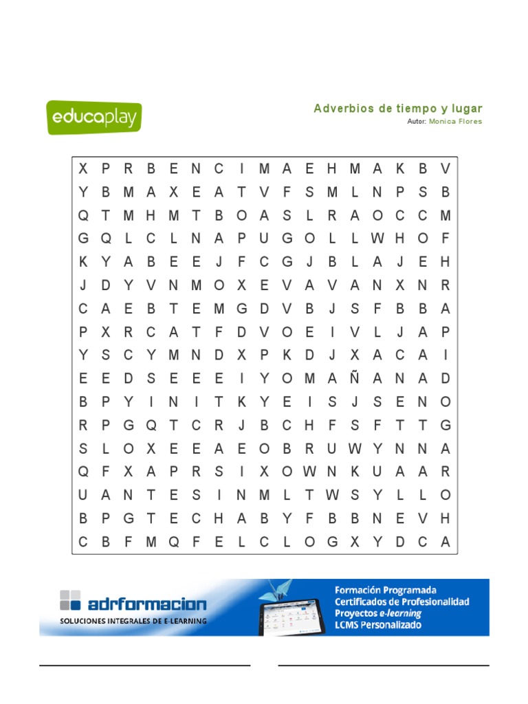 Imprimir Sopa de Letras - Adverbios de Tiempo y Lugar (Lengua ...