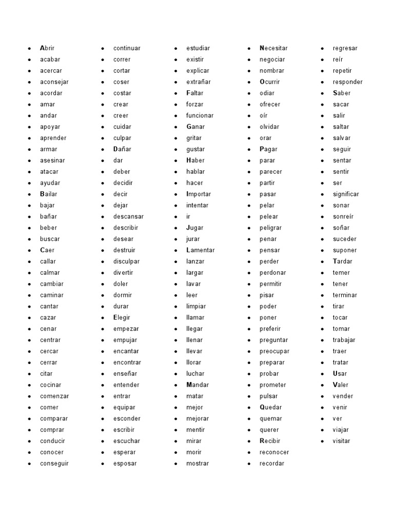 Lista de 100 verbos en infinitivo | PDF