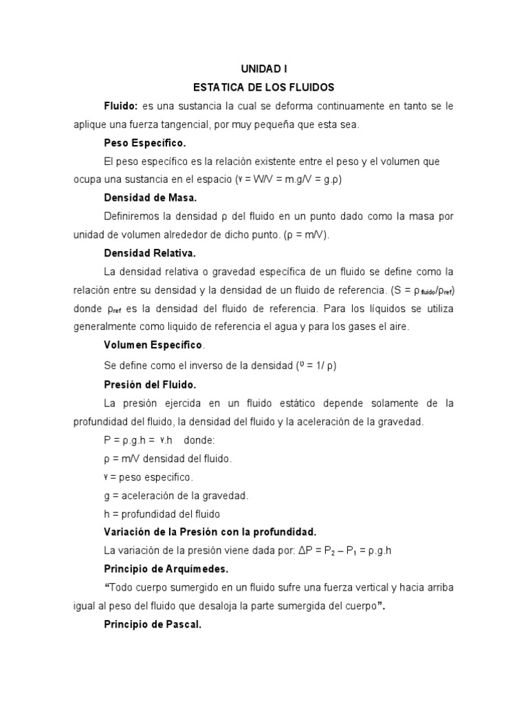 Unidad 1. Estatica de Los Fluidos | PDF | Estudios de idiomas ...