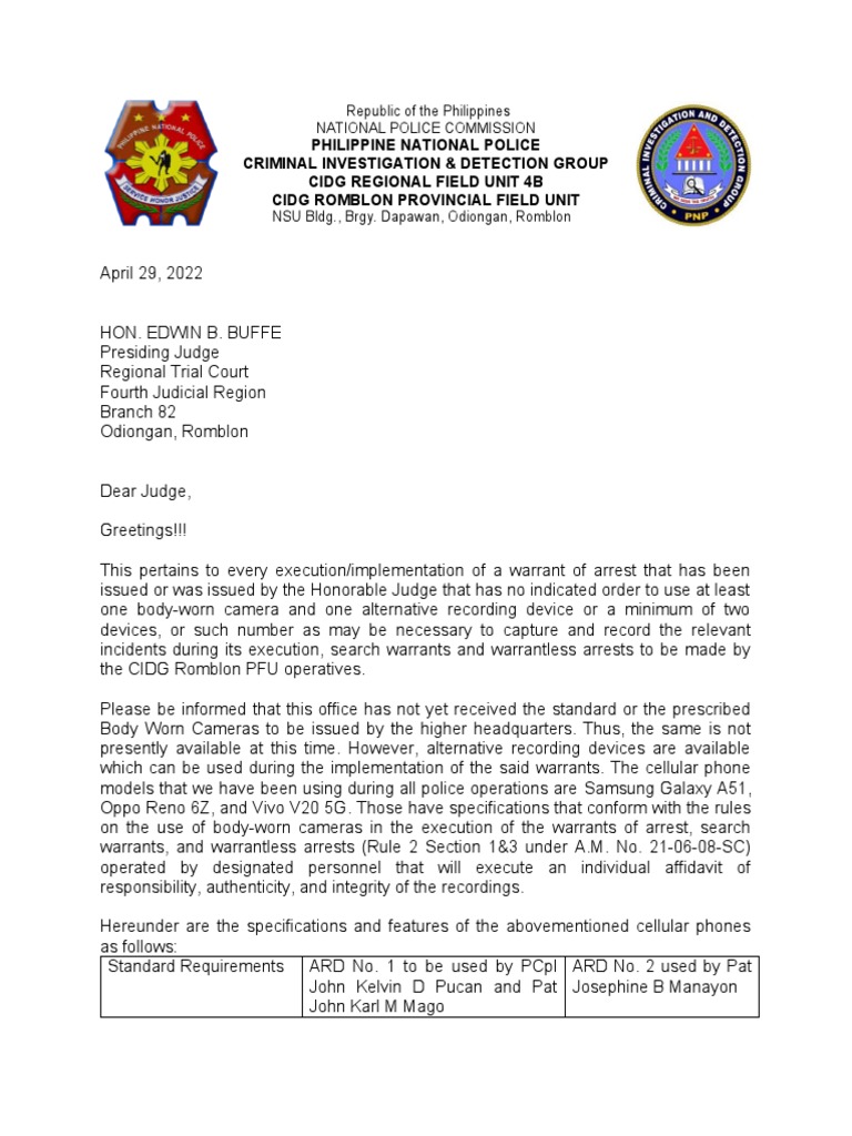 Request for Body-Worn Camera Use in Arrests | PDF | Search Warrant ...