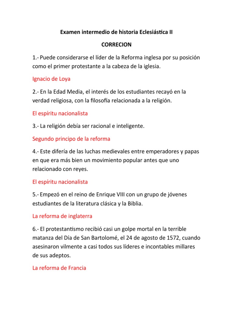 Corrección Examen Historia Eclesiástica II | PDF | protestantismo ...