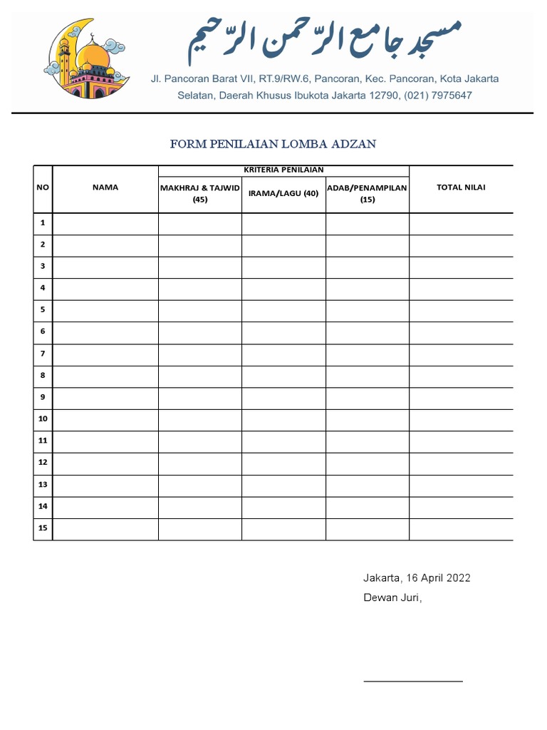 Form Penilaian Lomba Adzan PDF