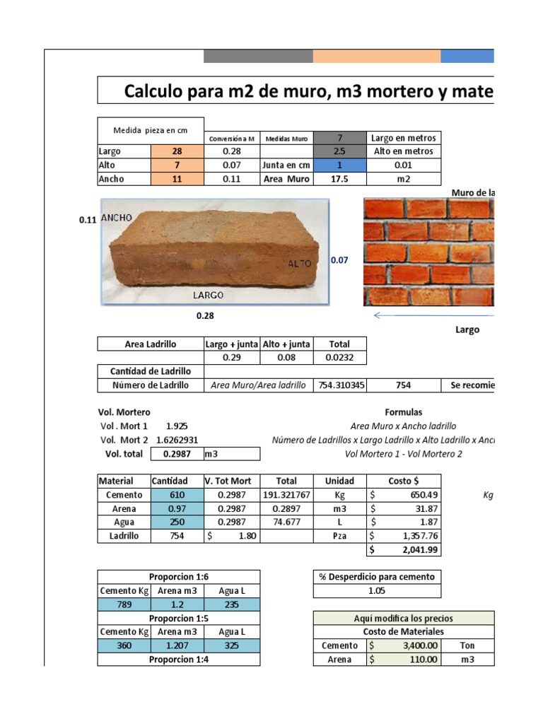 Calculo de Ladrillo y Mortero 2019 | PDF | Material compuesto | Cemento