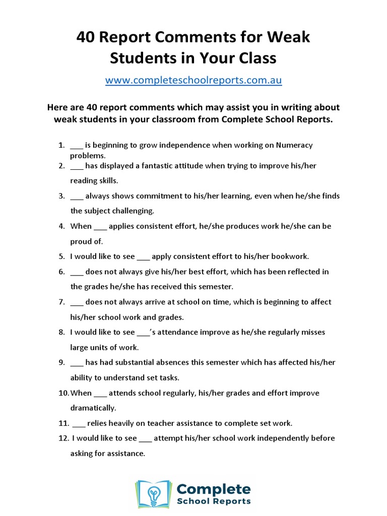 PDF Report Card Comments For Weak Students 2 | PDF | Learning 