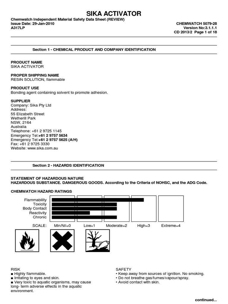 Bonding Agent Adhesion Sika Activator PDF Hydrocarbons Toxicity