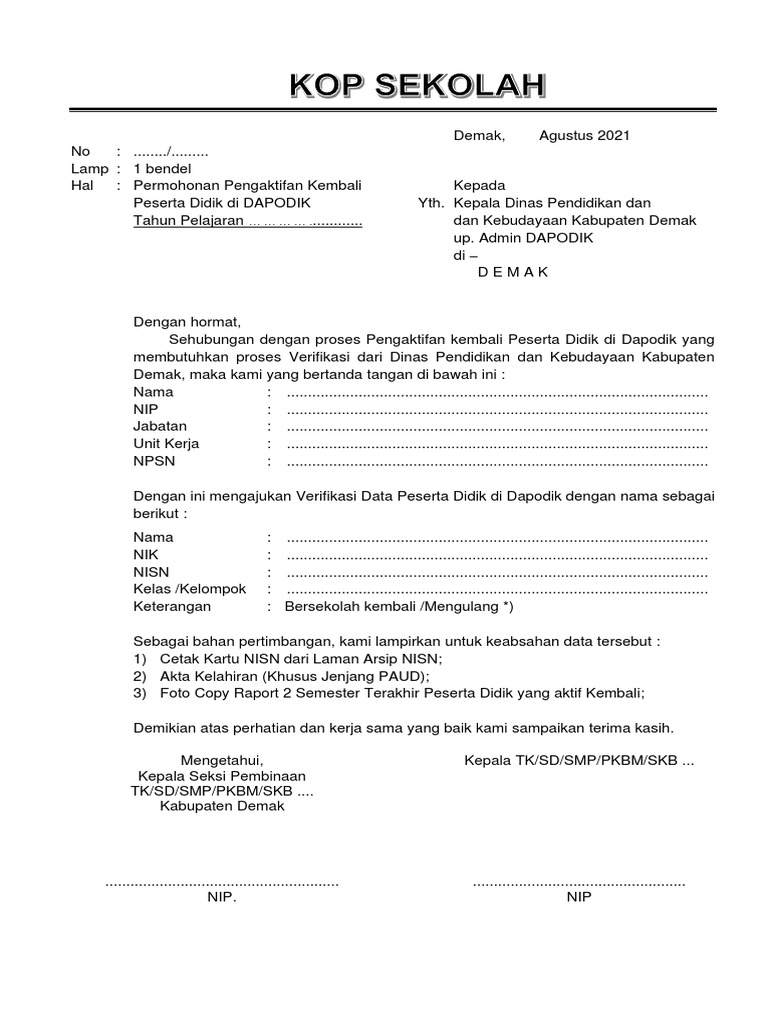 Surat permohonan pengaktifan kembali siswa 2021 pdf