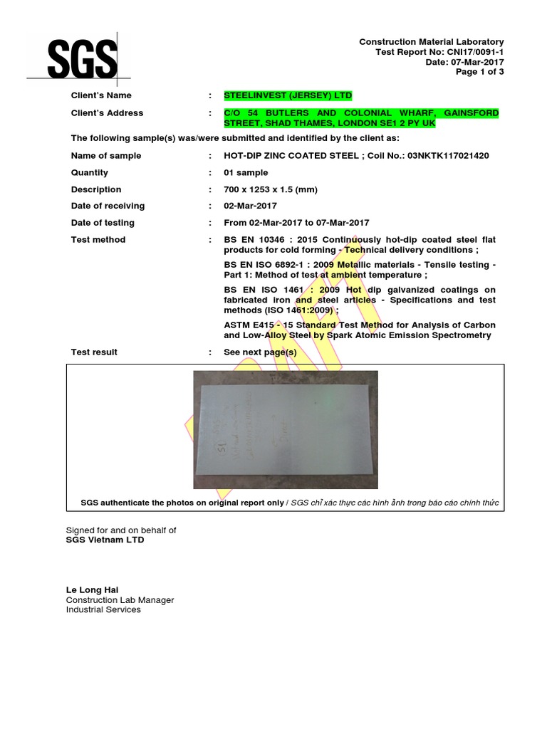 S450GD Steel Test Report Summary | PDF | Ultimate Tensile Strength | Metals